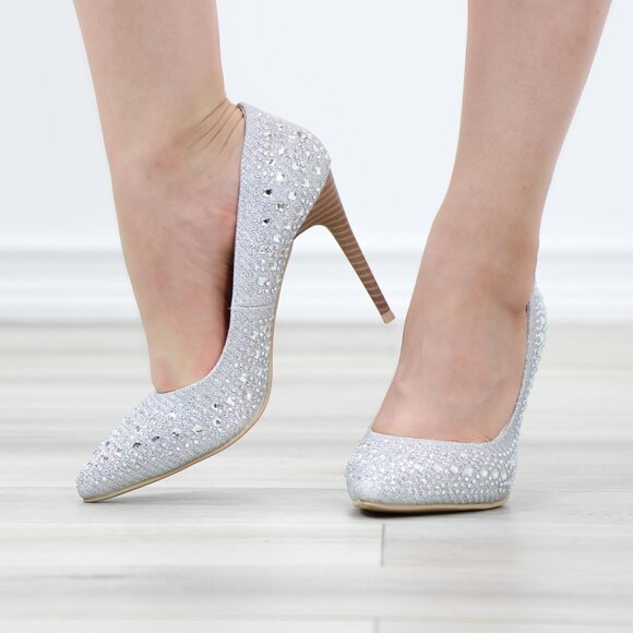 Silver Sparkly Diamond Rhinestone Glitter Pointy Toe Needle High Heel Stiletto - Picture 12 of 16